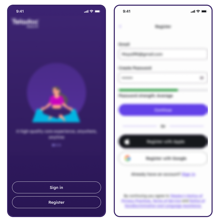 Two partial app screens. One showing a blurred image of a health app with an illustration of a person meditating. The second partial screen is a blurred account screen
